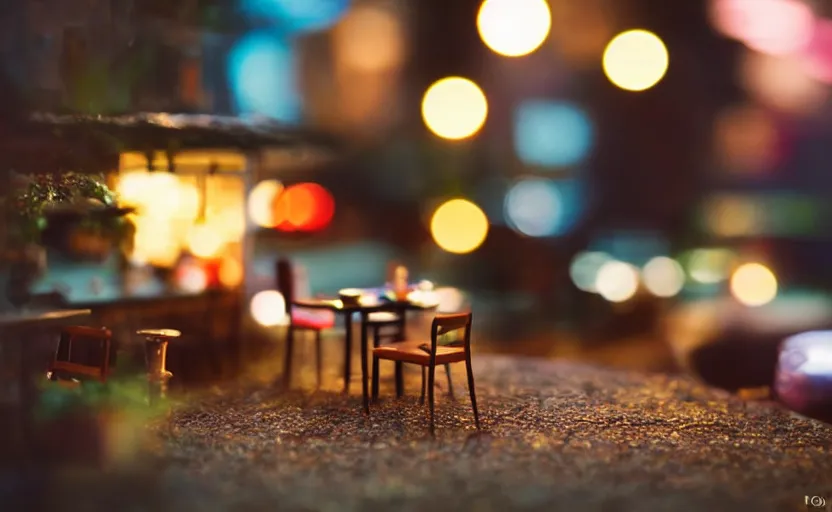Prompt: mini cafe diorama macro photography, [ [ bokeh lights ] ], ambient, atmospheric photograph
