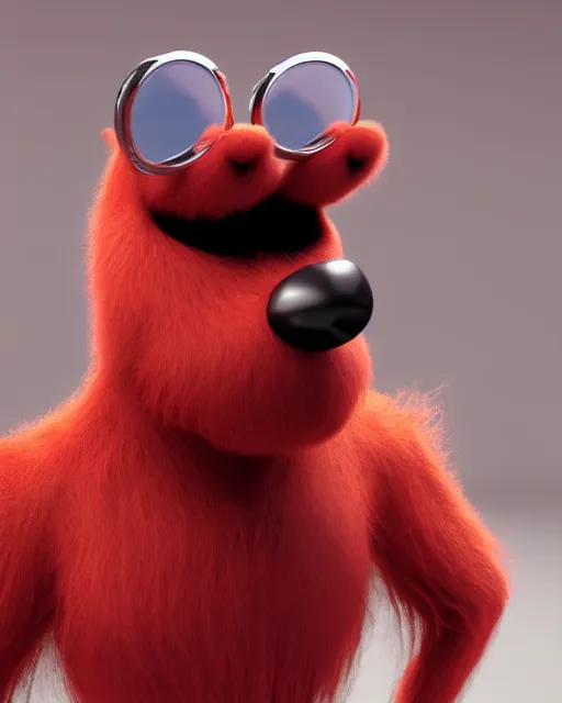 Image similar to 3 d render of completely red hairy friendly antropomorphic cartoony creature wearing chrome shades, without nose, full body, simple, cute, white background, unreal engine 5, octane render, highly detailed hdr