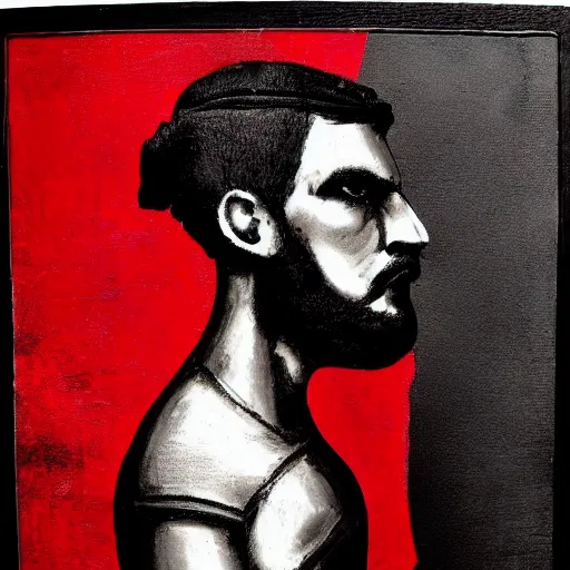 Image similar to portrait of an ancient warrior red and black theme