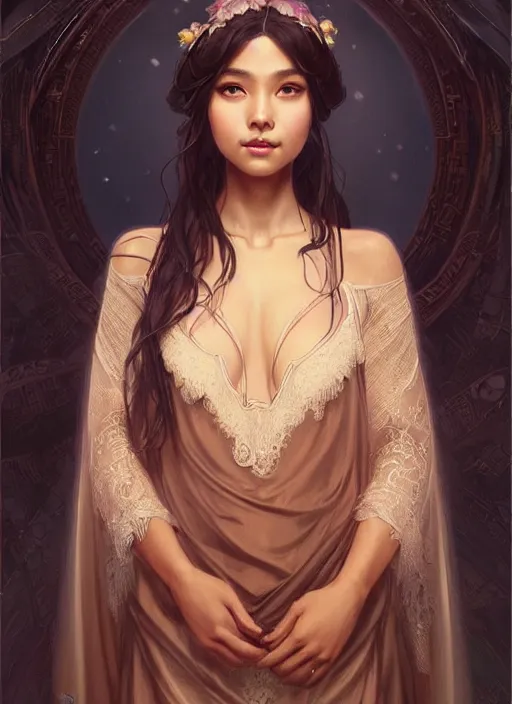 Image similar to cute brown woman wearing a transparent night gown and hanfu face veil, fantasy, intricate, highly detailed, digital painting, artstation, concept art, wallpaper, smooth, sharp focus, illustration, art by artgerm and greg rutkowski and alphonse mucha