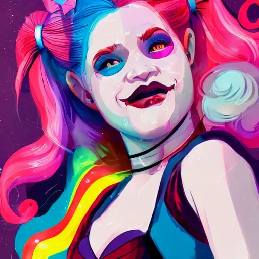 Image similar to julia garner as harley quinn as delirium of the endless, the sandman, rainbow clothes, clean cel shaded vector art. shutterstock. behance hd by lois van baarle, artgerm, helen huang, by makoto shinkai and ilya kuvshinov, rossdraws, illustration