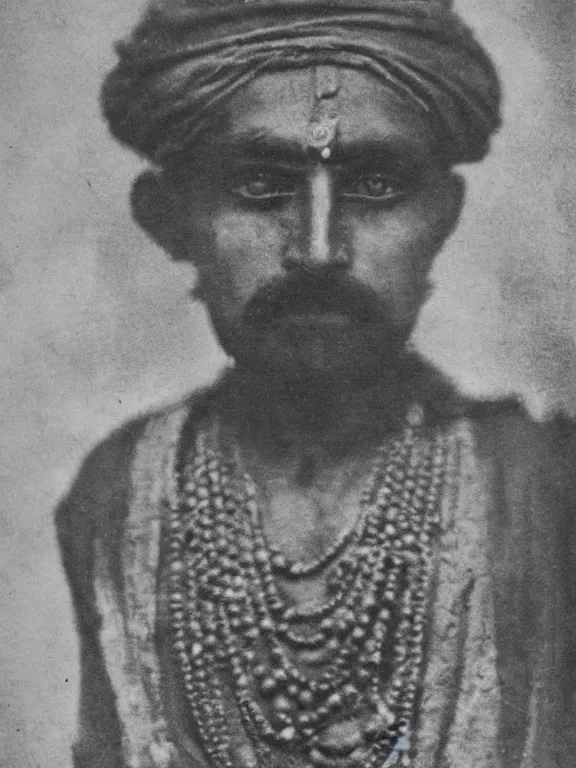 Prompt: portrait of hindu death god, ww1 photo, grainy, high detail, high resolution,