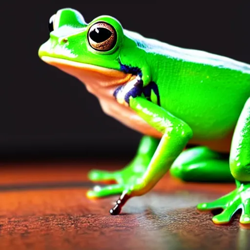 Image similar to a frog dancing with a top hat and a cane photo realistic 8k high resolution