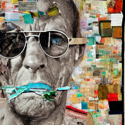 Prompt: detailed analogue mixed media collage with canvas texture in style of contemporary art, punk art, hyperrealistic hunter s. thompson smoking cigarette, wearing glasses, photorealistic, expressionism, masterpiece, perfect composition, spectacular quality, intricate oil details, vivid broken glass, torn paper, magazine pages
