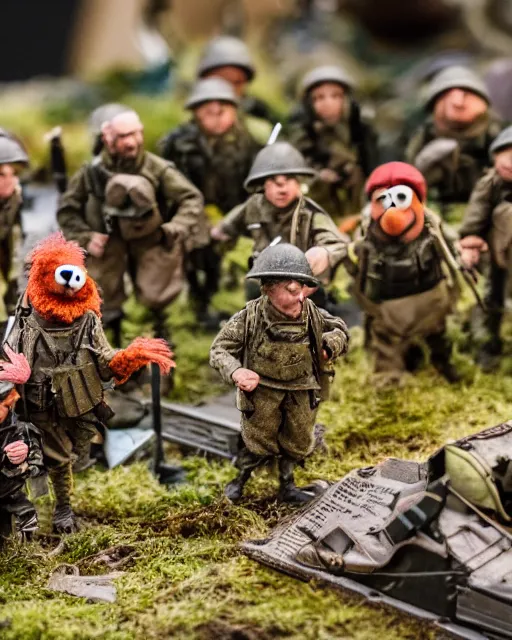 Image similar to high quality presentation photo of a detailed miniature diorama muppets in wwii, photography 4k, f1.8 anamorphic, bokeh, 4k, Canon, Nikon