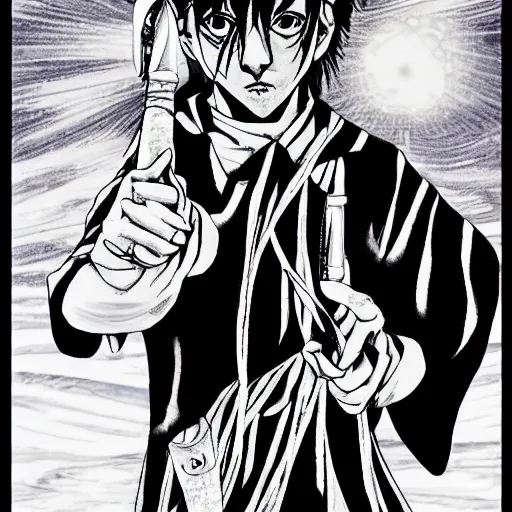 Image similar to pen and ink!!!! attractive 22 year old monochrome!!!! Ringo Starr highly detailed manga Vagabond!!!! telepathic floating magic swordsman!!!! glides through a beautiful!!!!!!! battlefield magic the gathering dramatic esoteric!!!!!! pen and ink!!!!! illustrated in high detail!!!!!!!! graphic novel!!!!!!!!! by Gustav Klimt and Hiroya Oku!!!!!!!!! MTG!!! award winning!!!! full closeup portrait!!!!! action manga panel