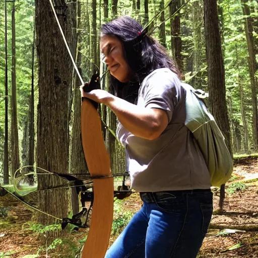 Prompt: a recurve bow made out of pine with a lye string, held by a beautiful woman in the woods hunting a deer