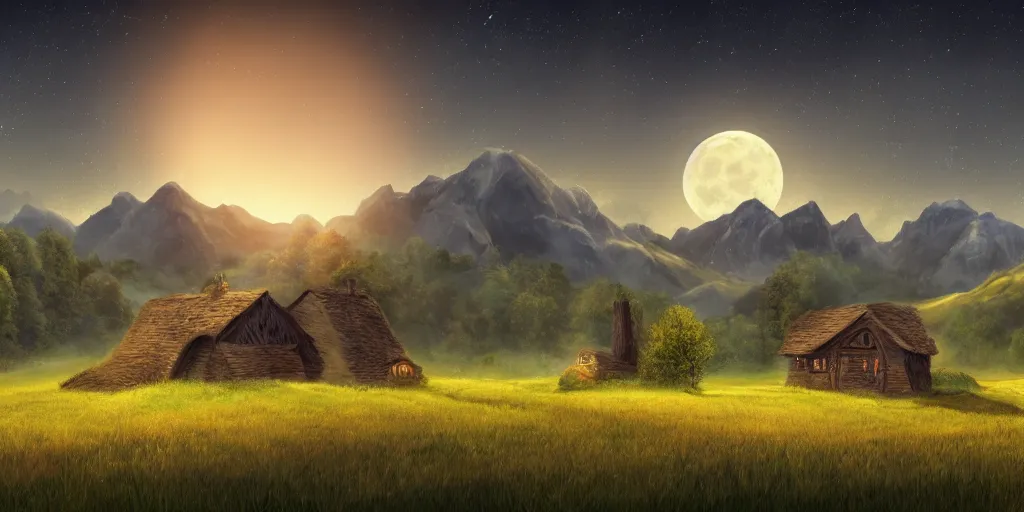 Prompt: Grassy fields with large mountains in the distance, small cottage in the foreground, nighttime, moon in the night sky, dim lighting ,very dark, landscape wallpaper, d&d art, fantasy, painted, 4k, high detail, sharp focus