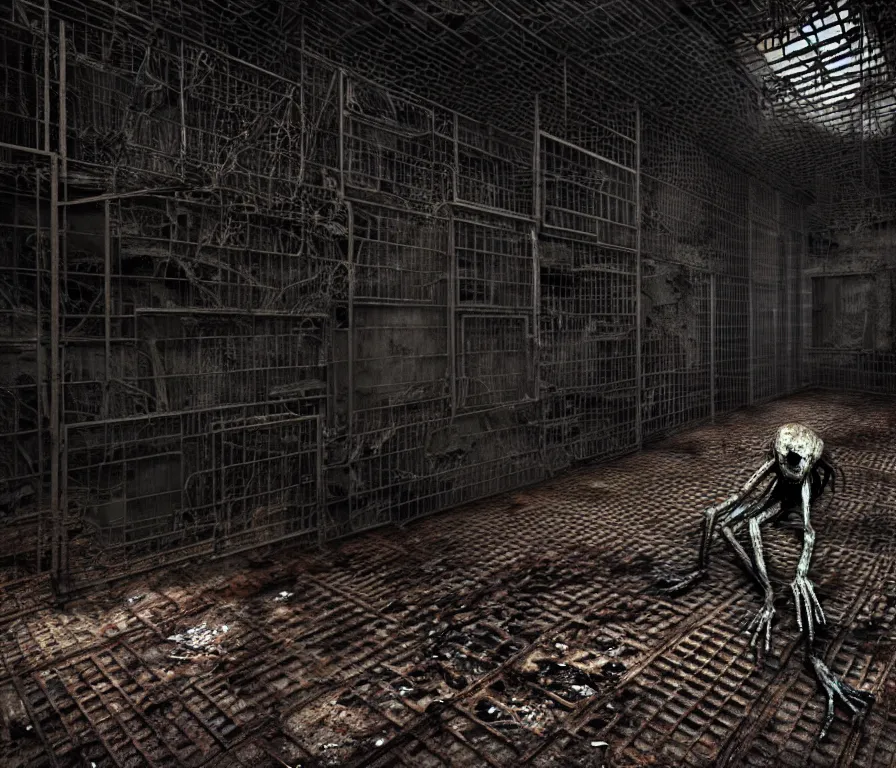 Image similar to creepy humanoid with long limbs sits on the floor. An underground very dark gloomy multi-layered structure of rusty thick iron grates, dense chain-link fencing and peeling walls. Inside view, collapsed floors, bent rusted iron, masterpiece, black background, corners, cinematic, hyperdetailed, photorealistic, hyperrealism, octane render, 8k, depth of field, bokeh, architecture, shadows, art by Zdzisław Beksiński, Arthur Rackham, Dariusz Zawadzki