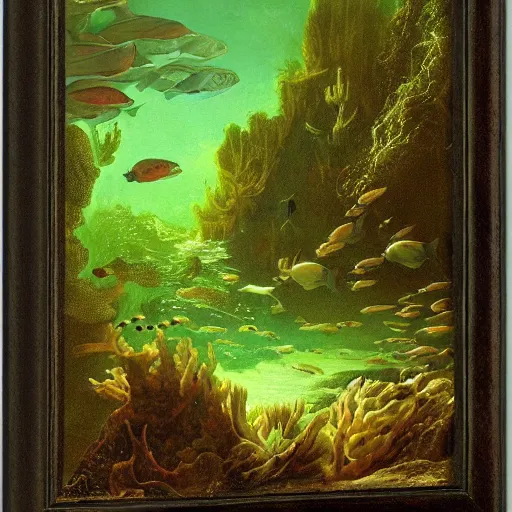 Image similar to underwater abyss, sea creatures, depths, green atmosphere, darkness, fish, by asher brown durand, by iyoshitaka amano