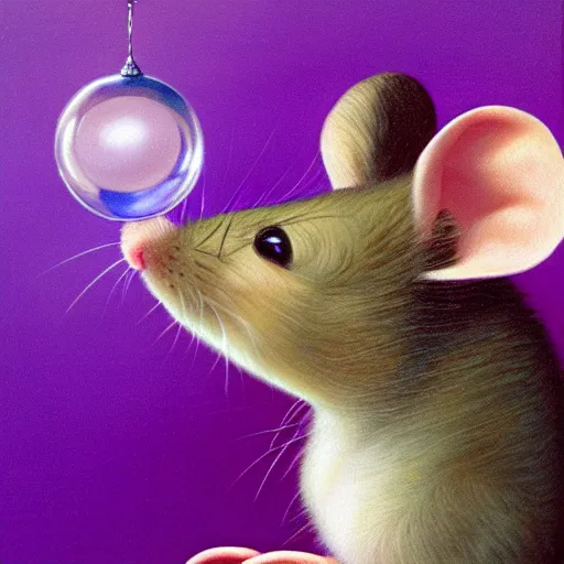 Image similar to mouse reaches for floating purple crystal, famous oil painting, award winning, 8k scan