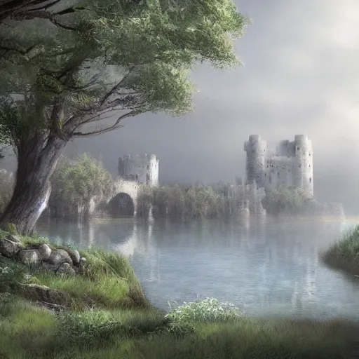 Image similar to a stone castle surrounded by lakes and trees, mist, fantasy, concept art, clear, crisp, sharp, extremely detailed, wallpaper