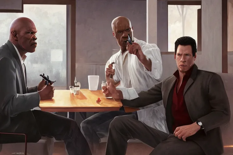 Image similar to painting pulp fiction movie highly detailed full - body samuel l jackson and john travolta posing in cafe, perfect symmetrical eyes, by eddie mendoza and tyler edlin, 8 k resolution, digital art, hyper realistic