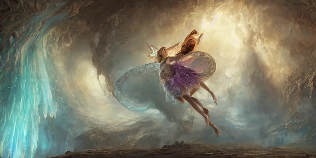 Prompt: concept art of translucent glowing curvy buxom booty brown fairy dancing, renaissance, flowy, melting, round moons, rich clouds, very detailed, volumetric light, mist, fine art, textured oil over canvas, epic fantasy art, very colorful, ornate intricate scales, walls and floor of cave made of skulls, fractal gems, 8 k, hyper realistic