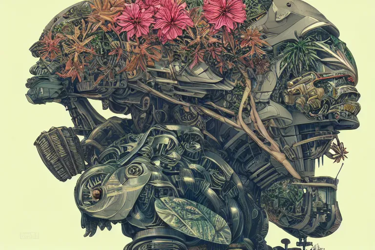 Image similar to gigantic mecha head with lot of details, a lot of exotic vegetation, trees, flowers by moebius, dull colors, junji ito, tristan eaton, victo ngai, artgerm, rhads, ross draws, hyperrealism, intricate detailed, risograph