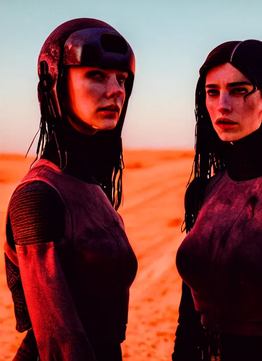 Image similar to cinestill 5 0 d photographic portrait of two sultry loving female androids wearing rugged black techwear on a desolate plain with a red sky, extreme closeup, cyberpunk style, garters, dust storm, 8 k, hd, high resolution, 3 5 mm, f / 3 2, ultra realistic faces, ex machina