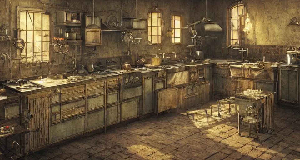 Image similar to IKEA catalogue photo of a steampunk farmhouse kitchen, by Beksinski