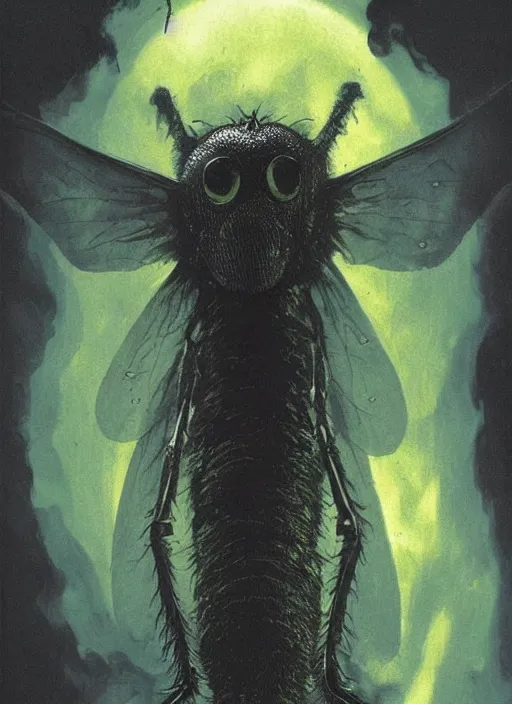 Image similar to giant humanoid fly with proboscis and wings, against dark background, fluid, smooth, organic, crazy, high contrast, sharpness, dramatic, by greg rutkowski and siudmak and richard corben and moebius