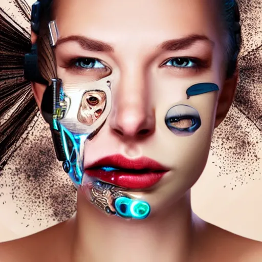 Prompt: A female peeling of her face showing she is a cyborg, hyper realistic, cyborgs, robots, 8k, higly detailed, digital art,