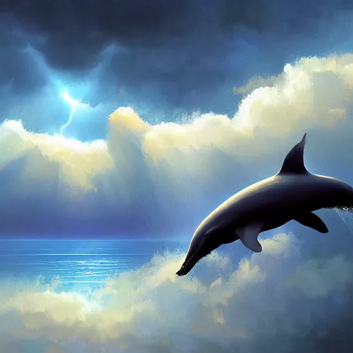 Prompt: digital painting of a whale flying through the clouds. dramatic lighting. god rays. by artem rhads chebokha