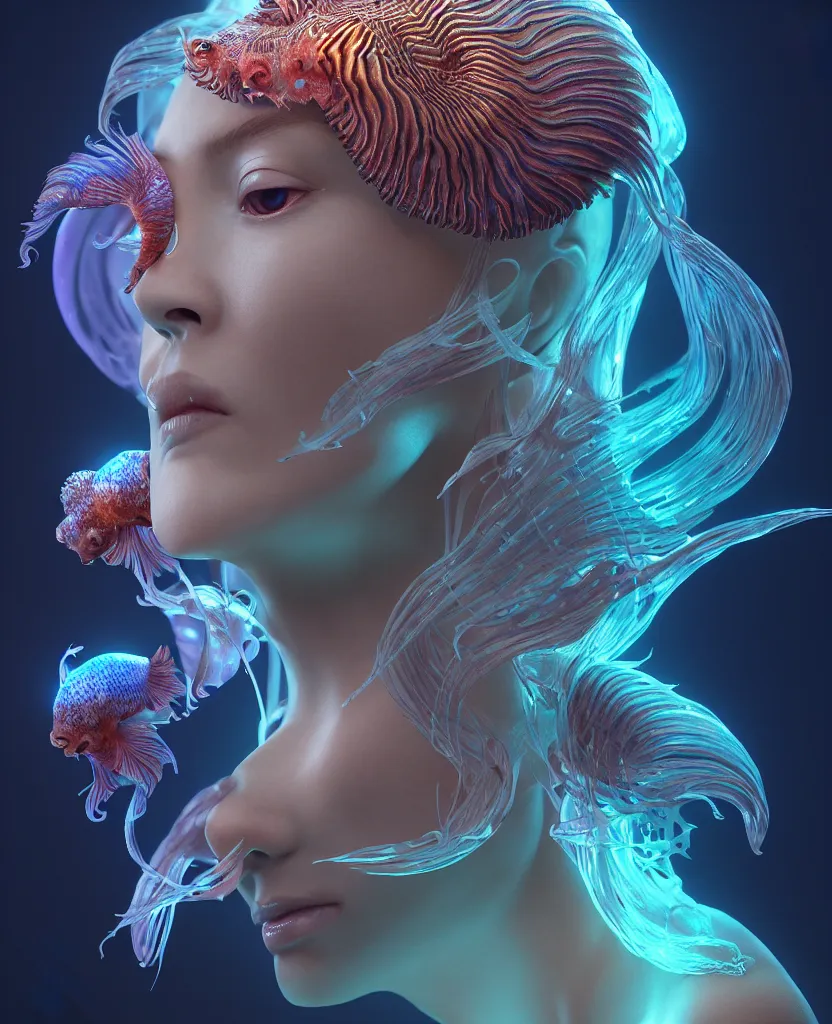 Image similar to goddess close-up portrait. chimera orchid jellyfish phoenix head, nautilus, skull, betta fish, bioluminiscent creatures, intricate artwork by Tooth Wu and wlop and beeple. octane render, trending on artstation, greg rutkowski very coherent symmetrical artwork. cinematic, hyper realism, high detail, octane render, 8k