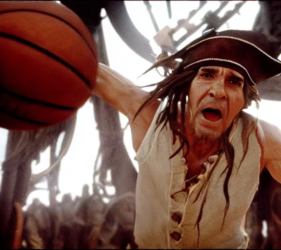 Image similar to still of davy jones playing basketball, pirates of the caribbean screenshot, movie still, photorealistic, cinematic lighting, daylight, deck of the ship, clean composition