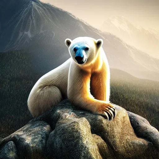 Image similar to a beautiful photo of a polar bear on a mountain, hyper realistic, natural light, concept art, cozy, atmospheric and cinematic lighting