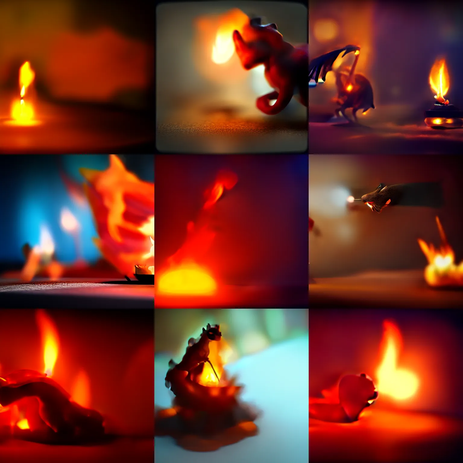 Image similar to a tiny dragon breathing fire to light a candle on a table, Artstation award winner, warm colors, unreal engine 5 render