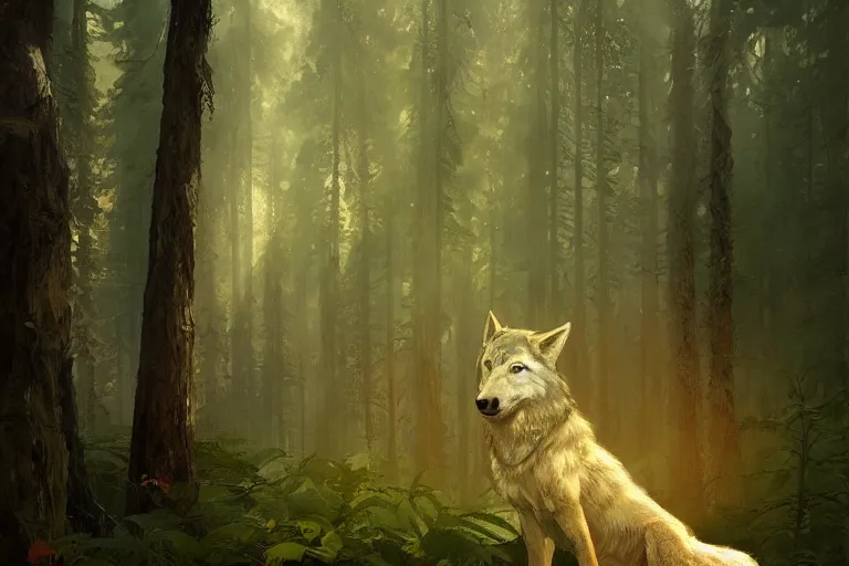 Image similar to wolf in the forest, stylized, sunlit, paint texture, digital painting, highly detailed, artstation, sharp focus, illustration, concept art, ruan jia, charlie bowater, tom bagshaw, norman rockwell