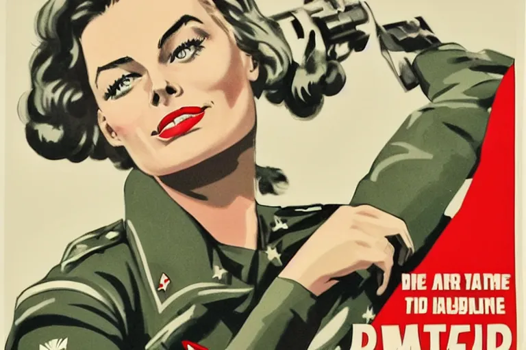 Prompt: A WW2 style propaganda poster with Margot Robbie as a bomber girl