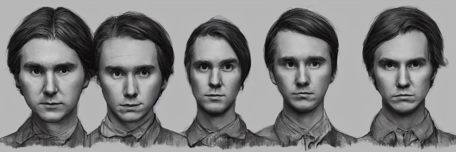 Image similar to character study of paul dano and todd solondz, 2 0 2 2, clear faces, emotional, character sheet, fine details, concept design, contrast, kim jung gi, pixar and da vinci, trending on artstation, 8 k, full body and head, turnaround, front view, back view, ultra wide angle