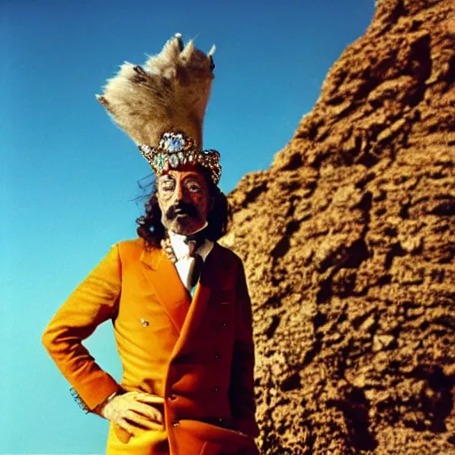 Image similar to salvador dali wearing a costume with jewels in a dry rocky desert landscape, visible sky and sunny atmosphere, film still from the movie by alejandro jodorowsky with cinematogrophy of christopher doyle and art direction by hans giger, anamorphic lens, kodakchrome, very detailed photo, 8 k