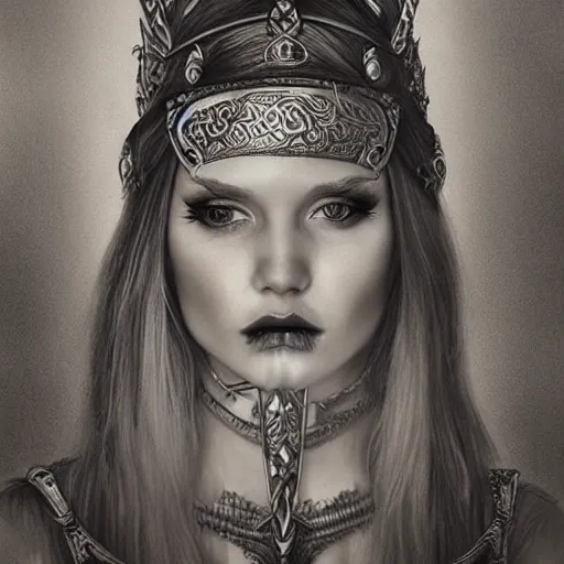 Image similar to hyper realistic pencil drawing of a goth viking princess, detailed, rim light, diffused, intricate, axe, by anna dittmann