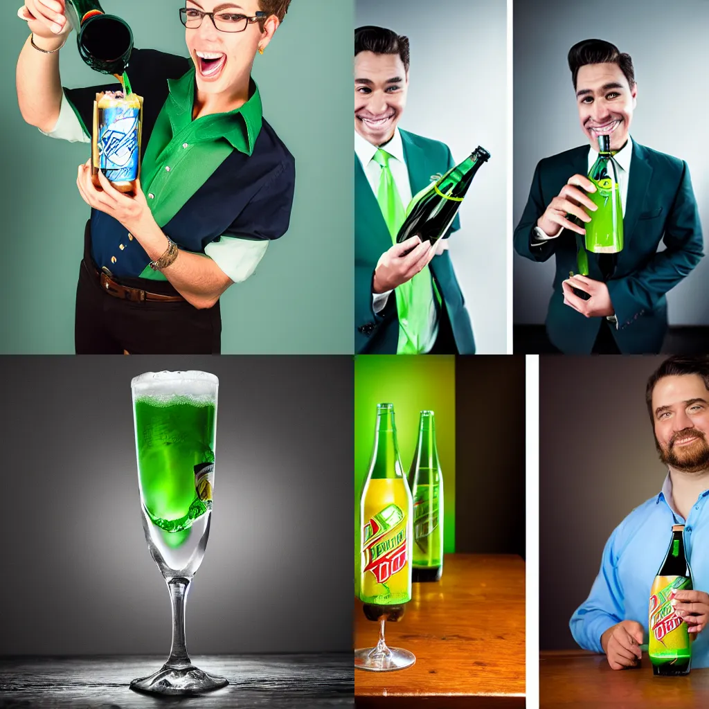 Prompt: Sommelier with Mountain Dew Baja Blast, studio lighting