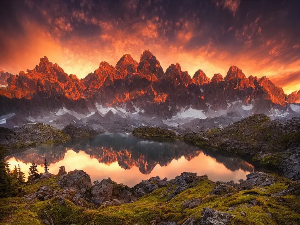 Image similar to amazing landscape photo of mountains with lake in sunset by marc adamus, beautiful dramatic lighting