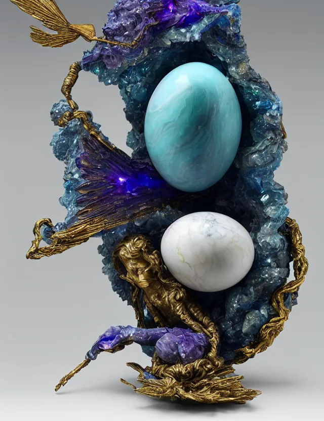 Image similar to a sculpture of a winged child made from blue and emerald and amethyst crystal geode formations with a marble egg with obsidian base with liquid gold tendrils flowing by ellen jewett by stanisław szukalski, octane render, byzantine, spirals, elestial crystals, geode,