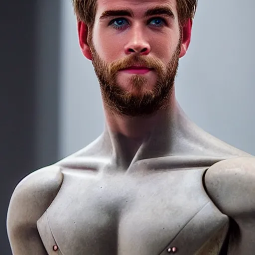 Image similar to “ a realistic detailed photo of a guy who is an attractive humanoid who is half robot and half humanoid, who is a male android, actor liam hemsworth, shiny skin, posing like a statue, blank stare, at the museum, on display ”