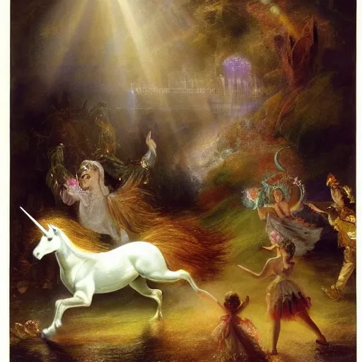 Image similar to The conceptual art features a pantomime unicorn onstage, surrounded by a group of children who are clapping and cheering. The unicorn is wearing a sparkly costume and has a long, flowing mane. Its horn is glittering and its eyes are wide open, as if it is enjoying the performance. by Thomas Moran flowing