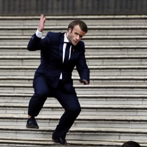 Prompt: macron falling down the stairs