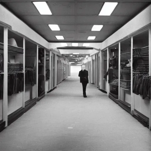 Prompt: A photograph of homer simpson walking through a dark, abandoned department store where the walls, carpet and ceiling are colored beige. liminal space