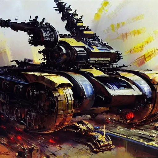 Prompt: a futuristic mech tank with six robot legs and a huge cannon, painting by john berkey