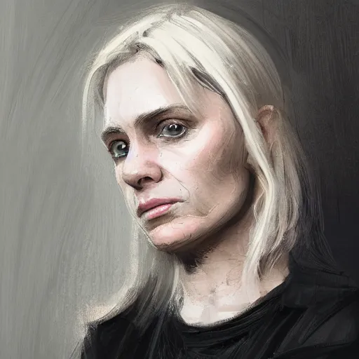 Image similar to Portrait of a woman by Greg Rutkowski, she is about 40 years old, pretty, blond hair with two strans around her face, slavic features, melancholic gaze, pretty aquiline nose, affectionate mom vibes, she is wearing a white and black utilitarian jumpsuit, highly detailed portrait, digital painting, artstation, concept art, smooth, sharp foccus ilustration, Artstation HQ.