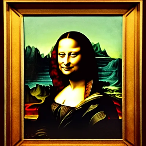 Prompt: painting of Margot Robbie posed in the style of ‘Leonardo Da Vinci's Mona Lisa’, hyperrealistic, moody lighting, golden hour