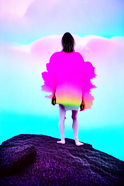 Image similar to high quality pastel coloured film close up wide angle photograph of a model wearing clothing swimming on cloud furniture in a icelandic black rock!! environment in a partially haze filled dreamstate world. three point light, rainbow. photographic production. art directed. pastel colours. volumetric clouds. pastel gradient overlay. waves glitch artefacts. extreme facial clarity. 8 k. filmic.