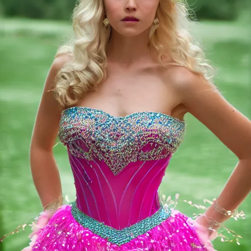 Prompt: a beautiful princess with long blonde hair and blue eyes wearing a strapless elaborately beaded pink dress, high resolution film still, 8k, HDR color, film by Simon Langton and David Frankel