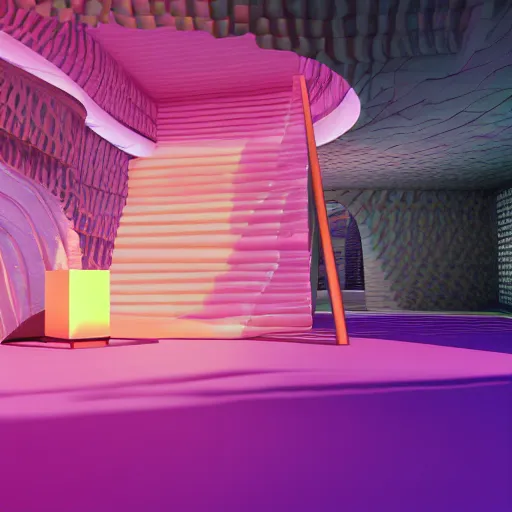 Image similar to surreal 3 d vaporwave raytraced scene, global illumination, floating illuminated orbs, pink staircase, trending on artstation, masterpiece