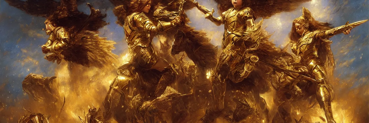 Prompt: a young girl wearing a gold armor in the night sky fighting angels, golden light in the darkness, blood, battlefield, extremely realistic and highly detailed painting by gaston bussiere and j. c. leyendecker 8 k