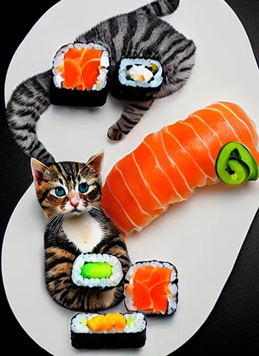 Image similar to clear photorealistic picture of adorable cats made out of sushi