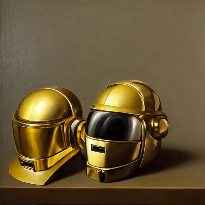 Image similar to still life painting of a daft punk helmets and greenery by pieter claesz, oil on canvas, strong lighting, highly detailed, hyper realism, golden hour, god rays, hd, 4 k