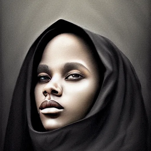 Image similar to a portrait of a young black woman wearing a long dark cloak, hood and shadows covering face, anatomically correct, beautiful perfect face, enigmatic, oil painting, matte painting, black background, Volumetric dynamic lighting, Highly Detailed, Cinematic Lighting, Unreal Engine, 8k, HD, by Beksinski